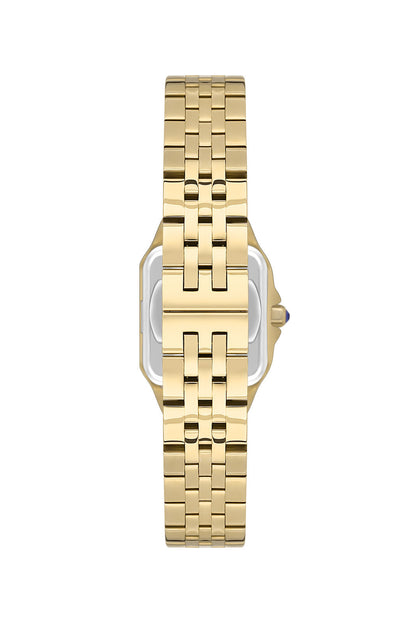 Three-quarter angle view of square gold watch with roman numeral dial