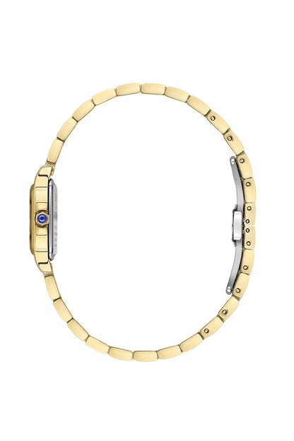 Side view of gold-tone square watch with link bracelet and crown
