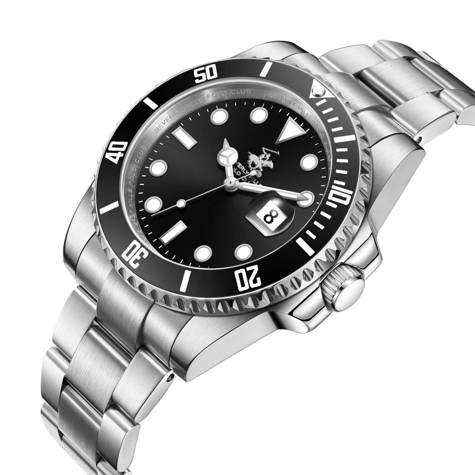 Beverly Hills Polo Club BP3791X.350 watch shown at angle with silver bracelet and black dial