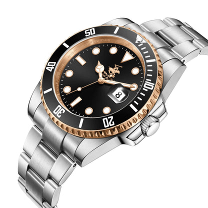 Three-quarter angled view of Beverly Hills Polo Club waterproof watch with date window