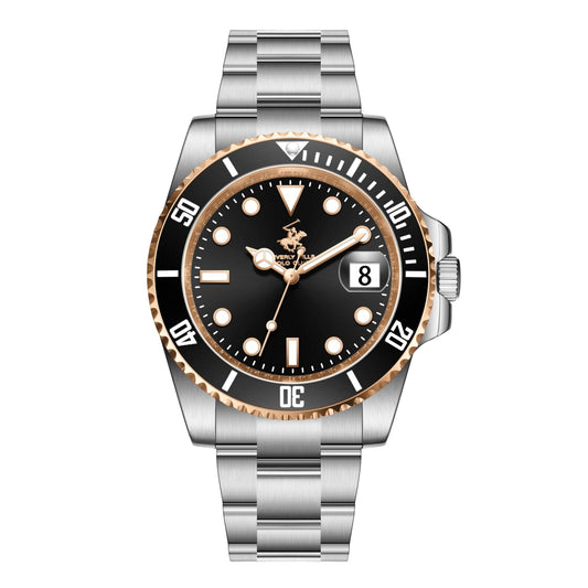Beverly Hills Polo Club watch with black dial, rose gold bezel, and silver stainless steel bracelet