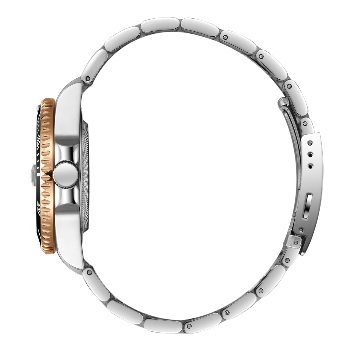 Side profile of Beverly Hills Polo Club watch with silver stainless steel bracelet and rose gold accents
