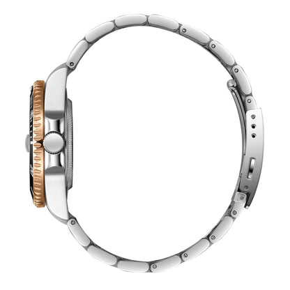 Side profile of Beverly Hills Polo Club watch with silver stainless steel bracelet and rose gold accents