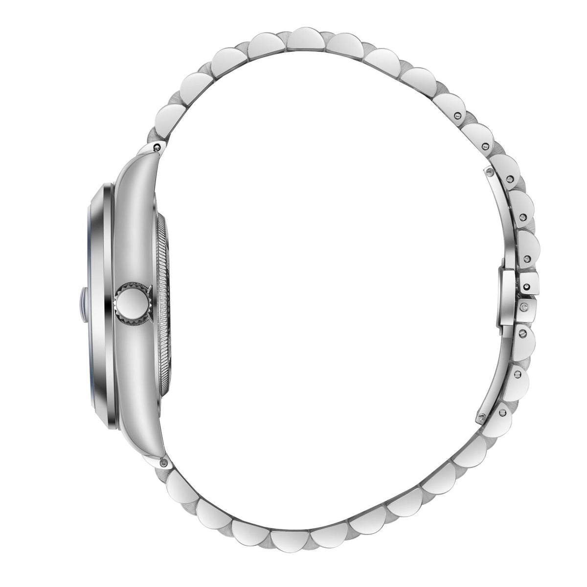 Beverly Hills Polo Club BP3810X.330 side view of silver stainless steel case and link bracelet