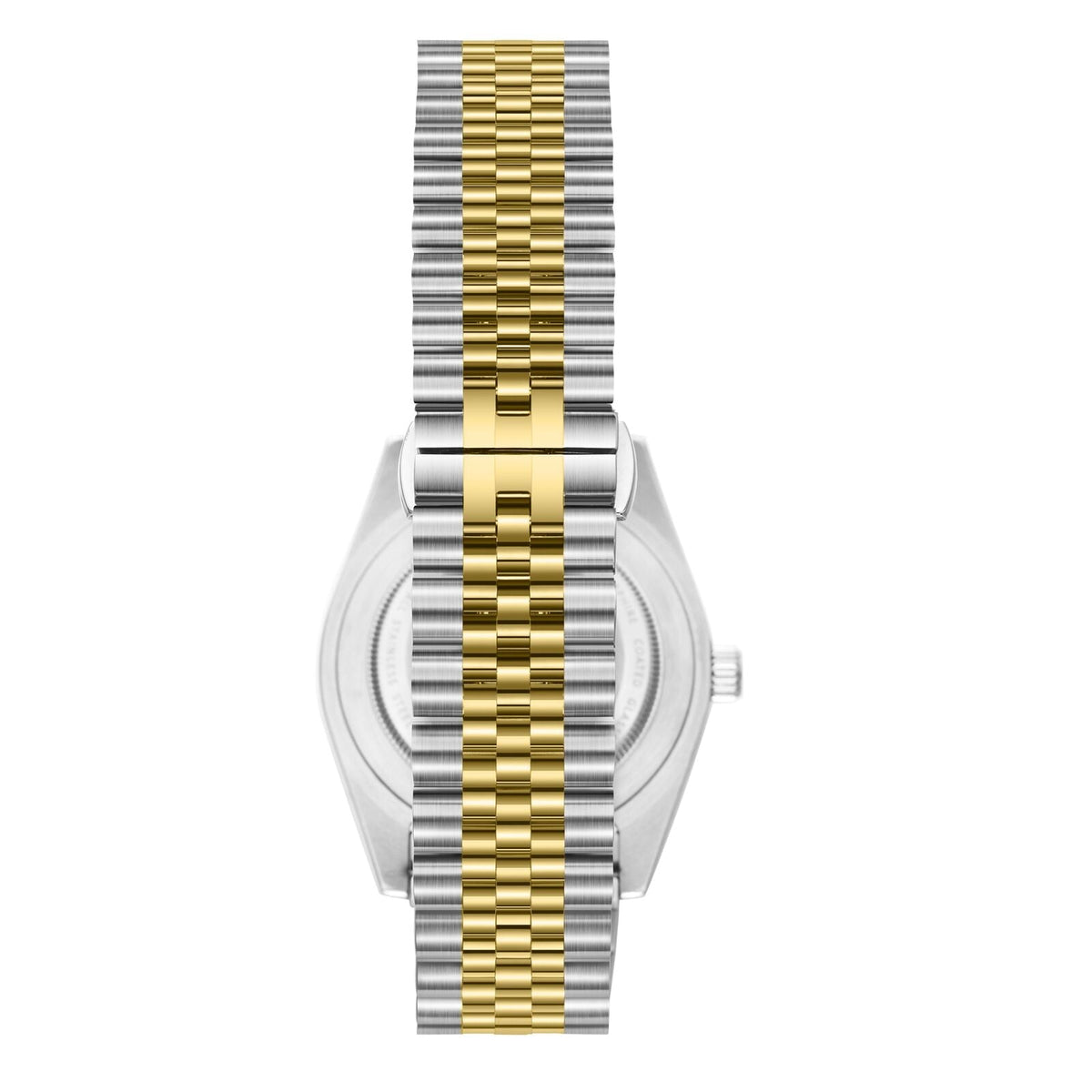 Side view of two-tone stainless steel and gold bracelet on watch