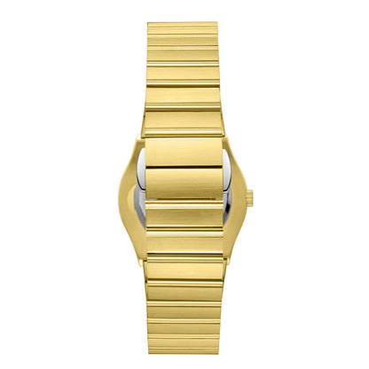 Side profile of Beverly Hills Polo Club gold watch with stacked link bracelet