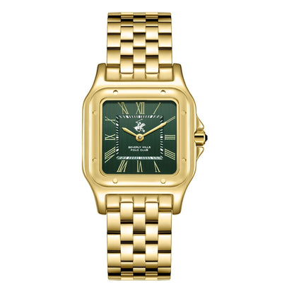 Beverly Hills Polo Club all gold square watch with green dial and Roman numerals