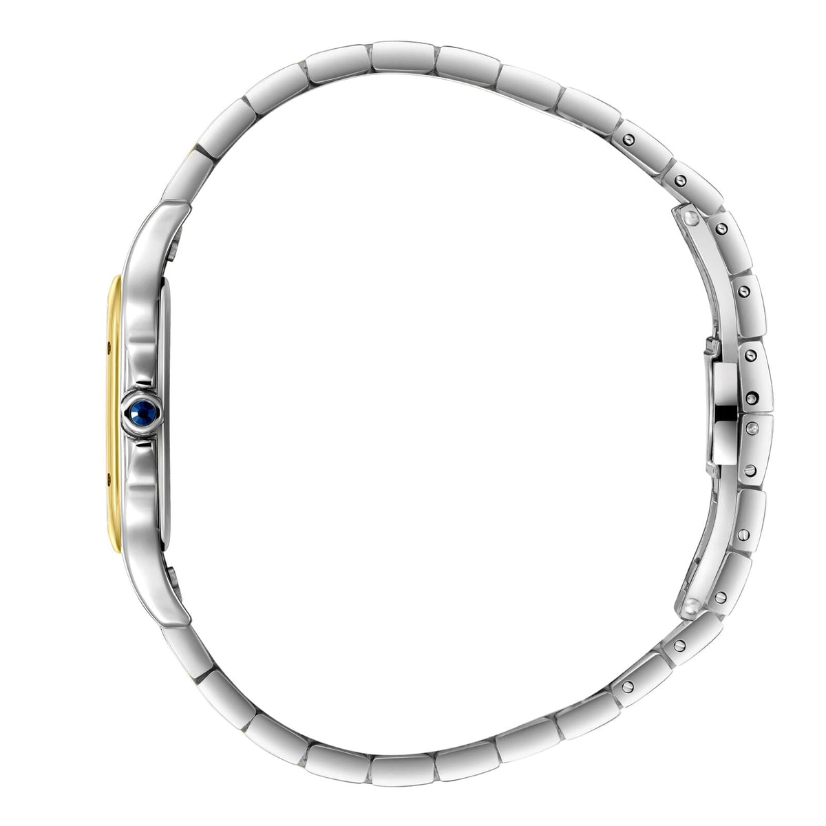 Side view of two-tone square watch showing stainless steel and gold-tone bracelet
