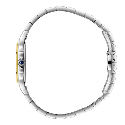Side view of two-tone square watch showing stainless steel and gold-tone bracelet