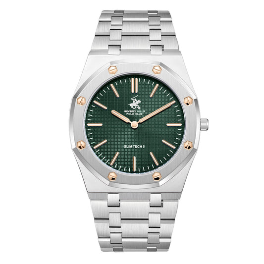 Beverly Hills Polo Club Slim Tech 5 watch with green dial, silver case, rose gold accent bezel, and steel bracelet