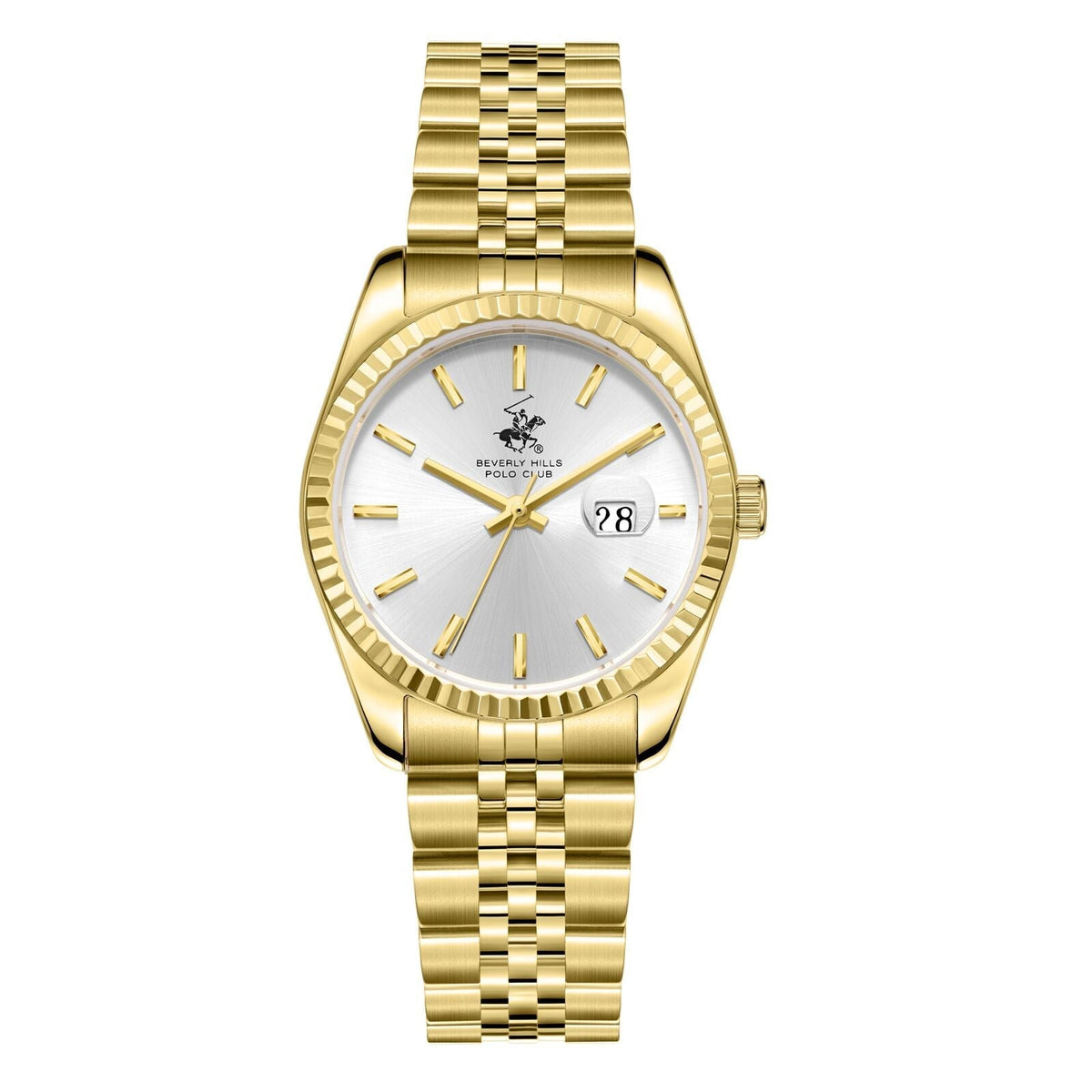 Beverly Hills Polo Club BP3827X gold women's watch with silver dial and date window, front view