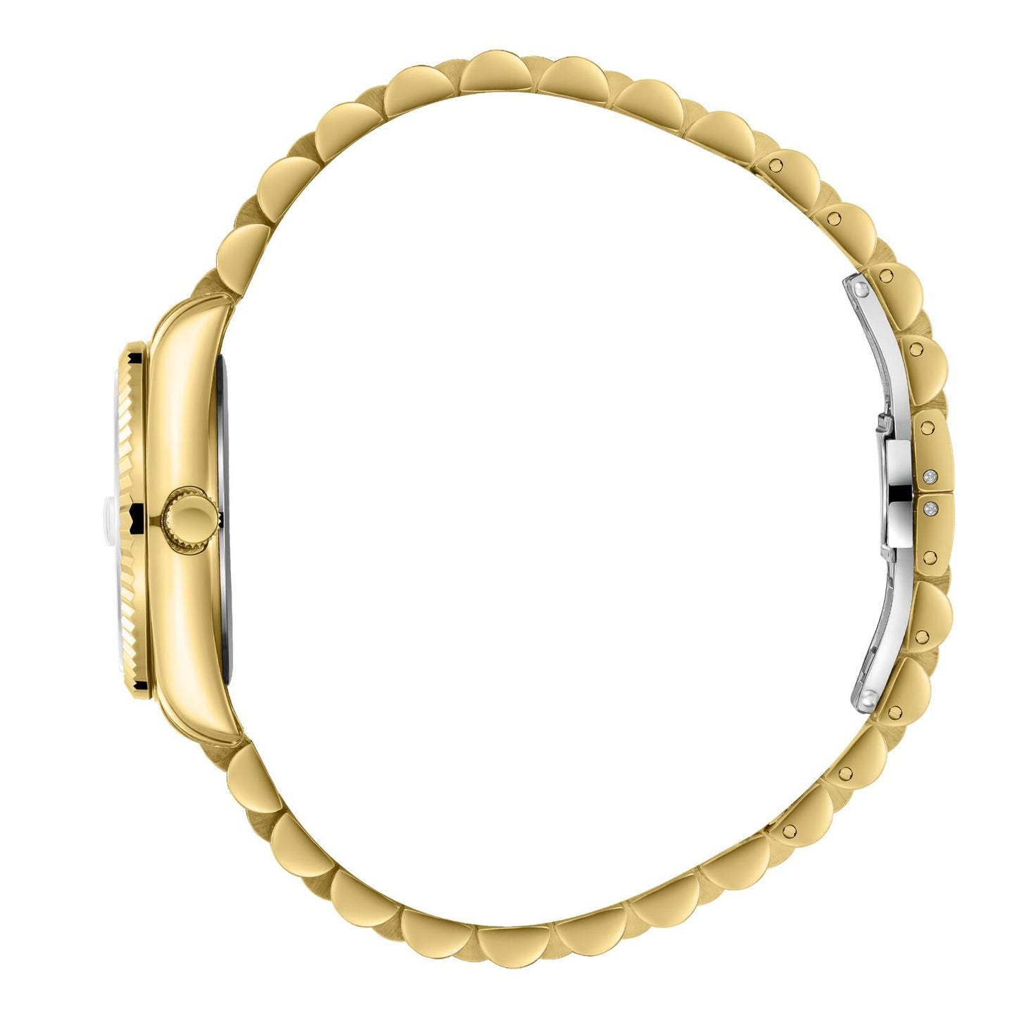 Beverly Hills Polo Club BP3827X gold watch side view showing case profile and bracelet