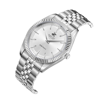 Angled view of Slim Tech 5 watch with silver bracelet and white dial