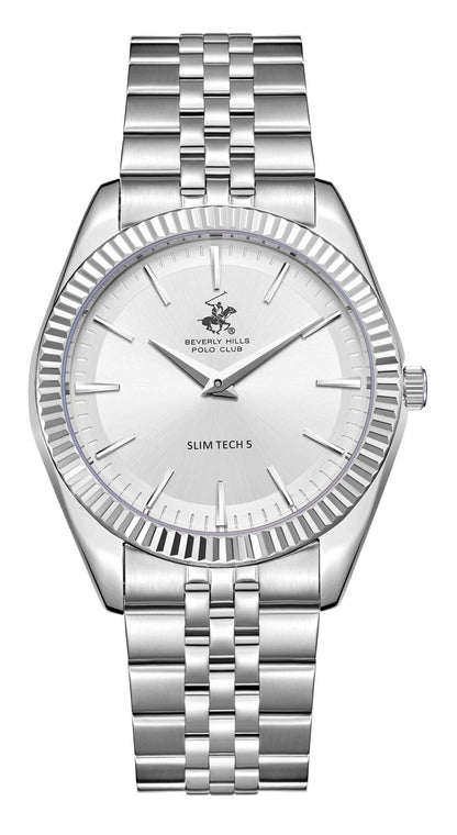 Beverly Hills Polo Club Slim Tech 5 all-silver men's watch with white dial and textured bezel