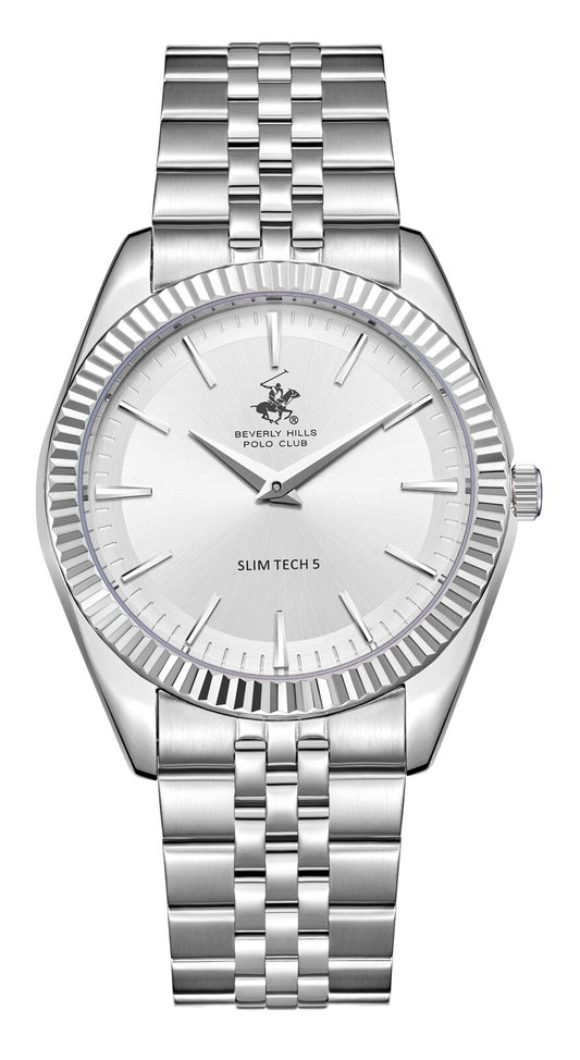 Beverly Hills Polo Club Slim Tech 5 all-silver men's watch with white dial and textured bezel
