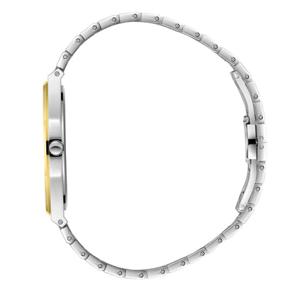 Side profile of watch case showing gold-tone bezel against stainless steel bracelet