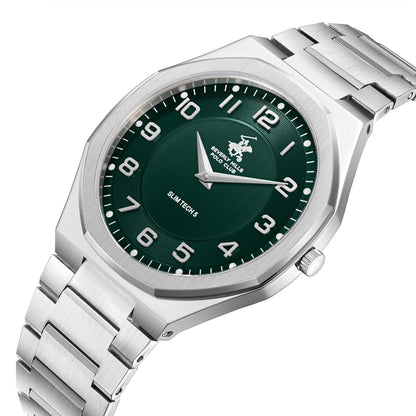 Beverly Hills Polo Club Slim Tech 5 watch at angle showing silver metal bracelet