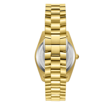 Caseback view of gold moonphase watch with exposed mechanism details