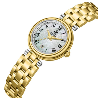 Beverly Hills Polo Club BP3838X.120 gold watch angled view with mother pearl dial and gold strap