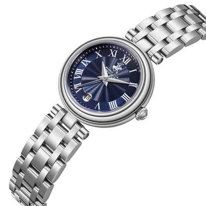 BP3838X.390 watch angled view showing silver bracelet and blue Roman numeral dial