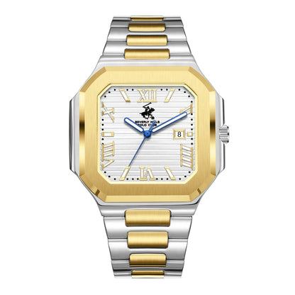 Beverly Hills Polo Club two-tone square watch with gold bezel, white dial, blue hands, and date window