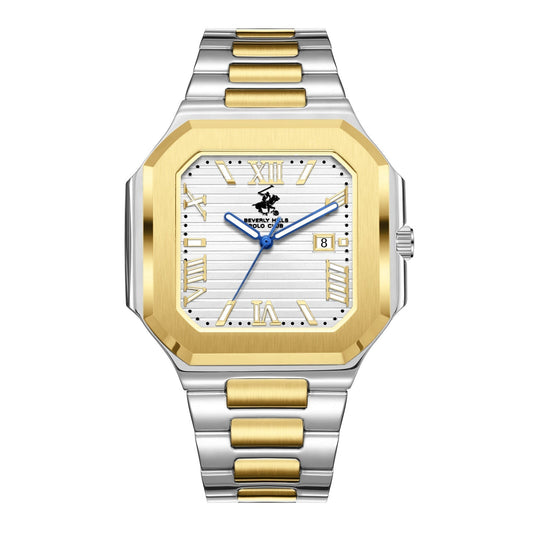 Beverly Hills Polo Club two-tone square watch with gold bezel, white dial, blue hands, and date window