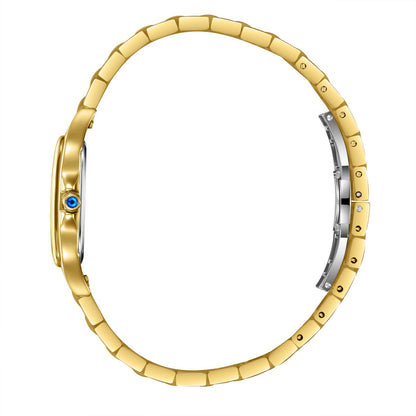 Side view of gold rectangular watch case with link bracelet