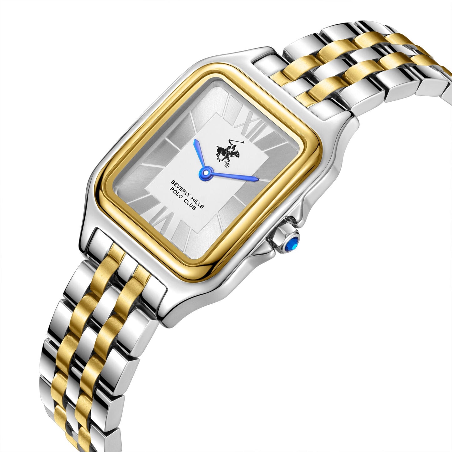 Two-tone steel and gold bracelet watch shown at angle with blue hands visible