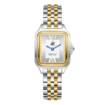 Beverly Hills Polo Club blue steel two-tone watch with rectangular case and Roman numeral dial