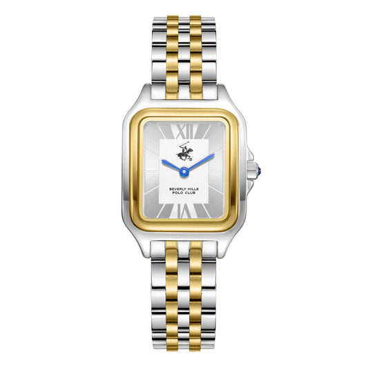 Beverly Hills Polo Club blue steel two-tone watch with rectangular case and Roman numeral dial