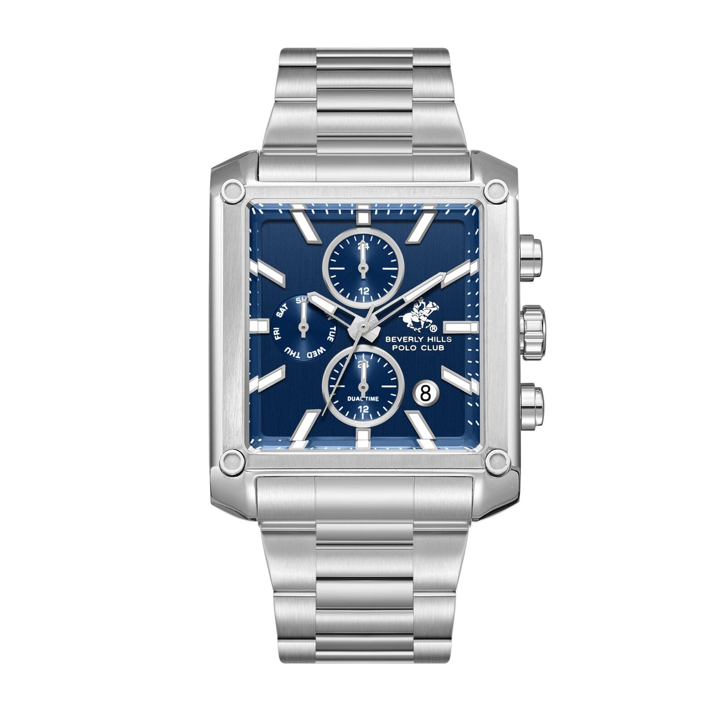 Beverly Hills Polo Club BP3868X.390 dual time multifunction watch with blue dial and silver case