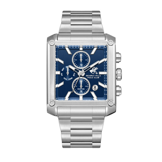 Beverly Hills Polo Club BP3868X.390 dual time multifunction watch with blue dial and silver case