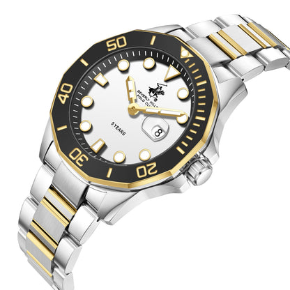 Beverly Hills Polo Club watch angled view showing two-tone stainless steel and gold bracelet with white dial and black bezel