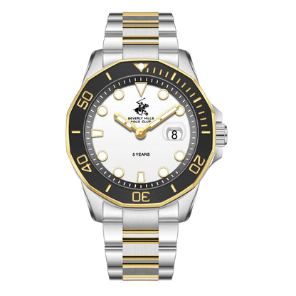 Beverly Hills Polo Club two-tone watch with white dial, black bezel, date window, and gold-accented hands