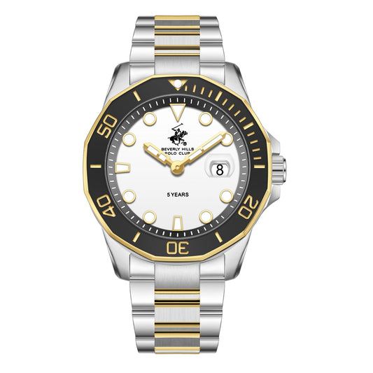 Beverly Hills Polo Club two-tone watch with white dial, black bezel, date window, and gold-accented hands