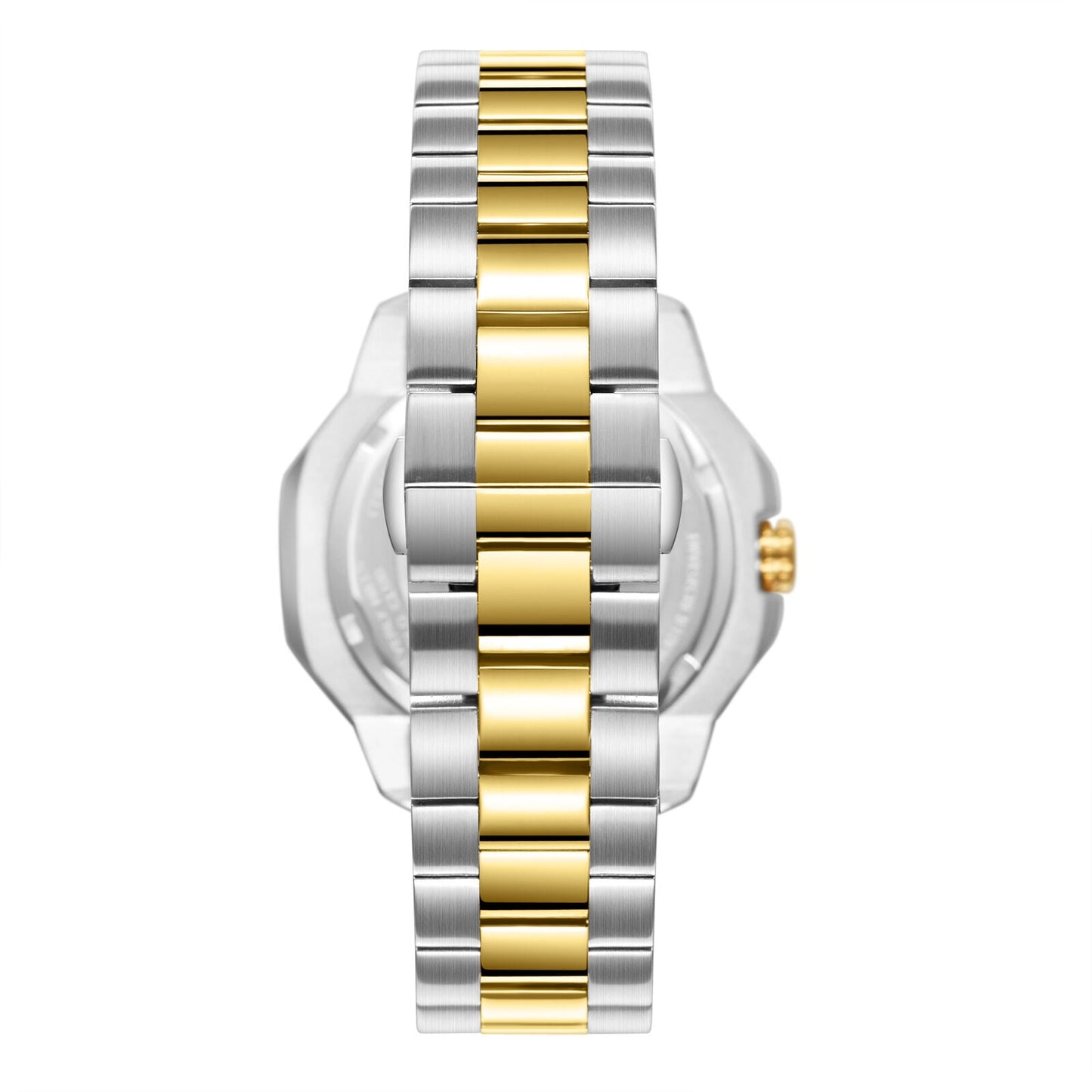 Caseback view of Beverly Hills Polo Club watch showing two-tone gold and silver bracelet