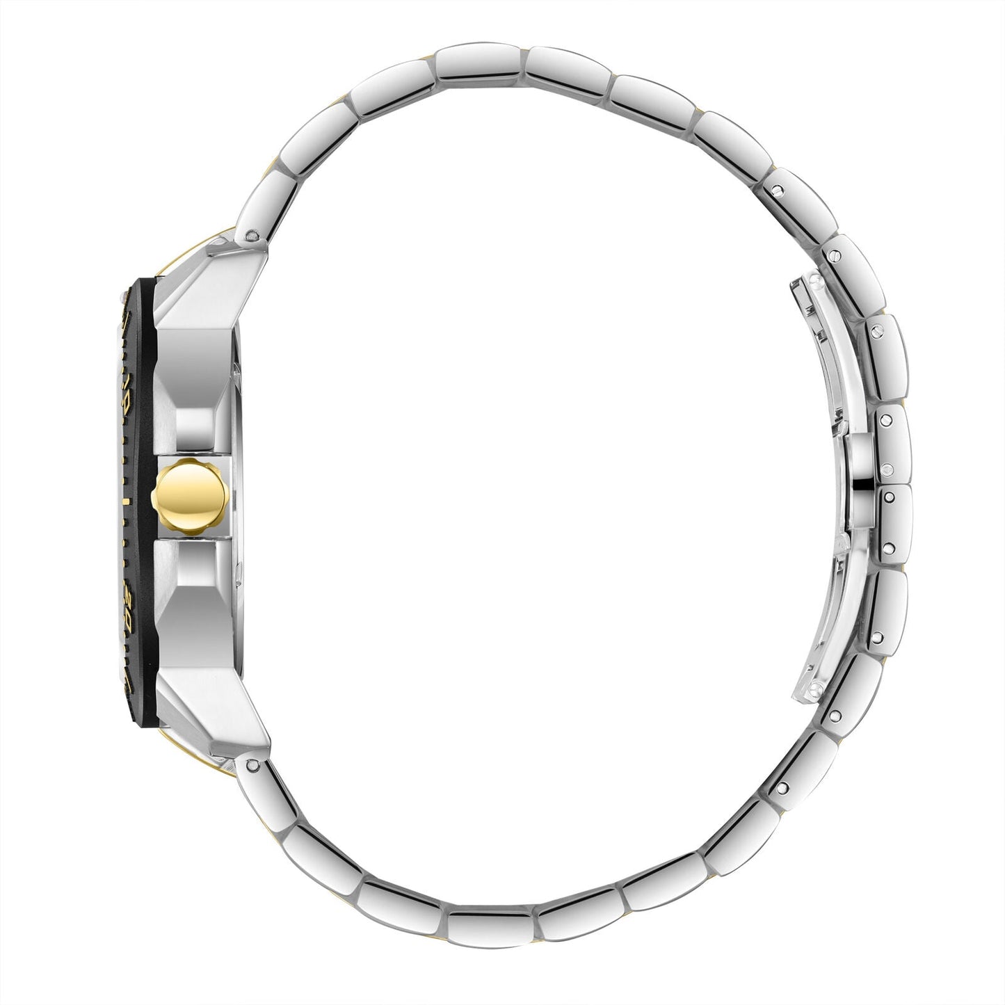 Side view of Beverly Hills Polo Club two-tone watch with black dial and metal bracelet