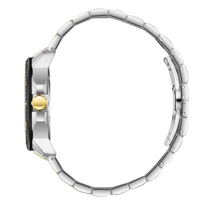 Side view of Beverly Hills Polo Club two-tone watch with black dial and metal bracelet