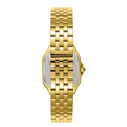 Back view of all-gold watch case and link bracelet showing caseback
