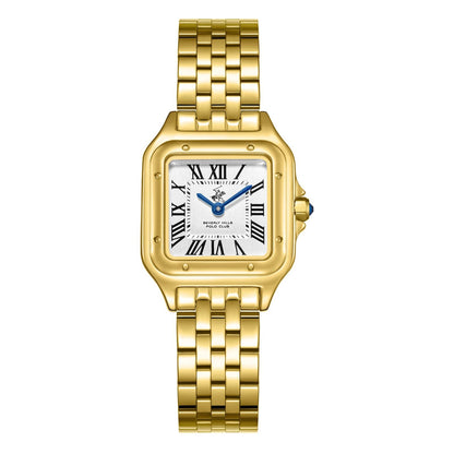 All-gold square watch with white roman numeral dial and blue hands on gold bracelet