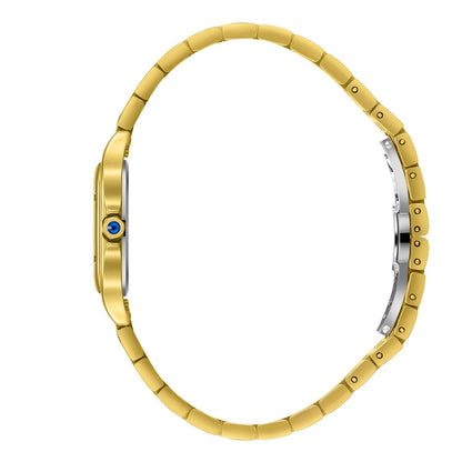 Side view of all-gold square watch and bracelet showing profile and blue crown
