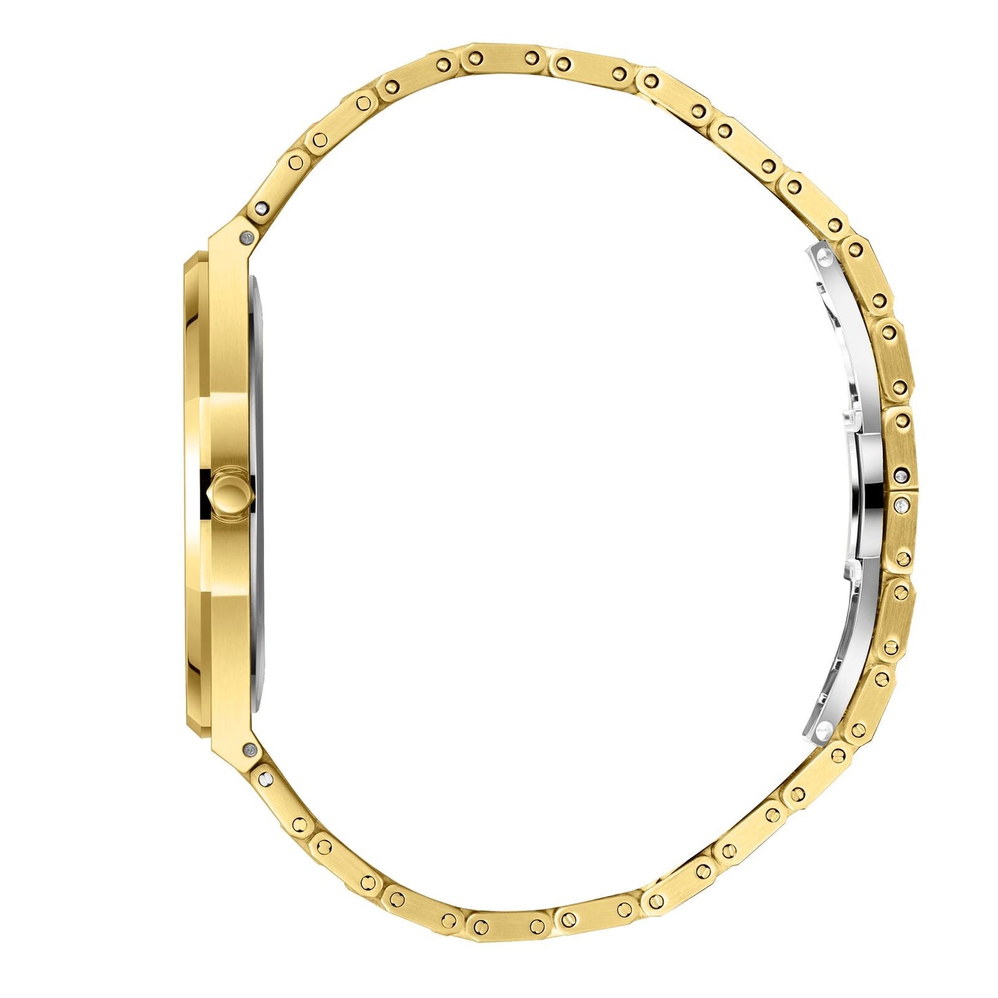 Side profile of gold watch case and bracelet showing thickness and band links