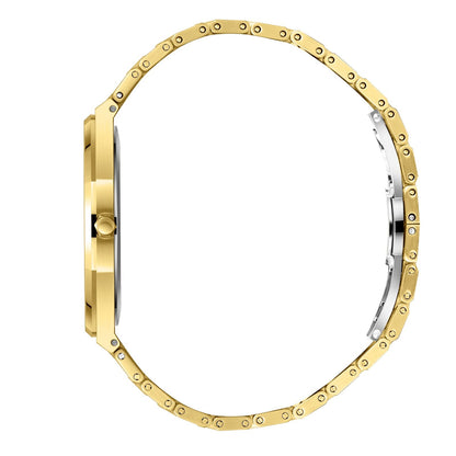 Side profile of gold watch case and bracelet showing thickness and band links