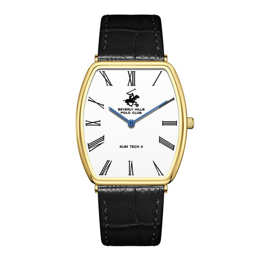 Beverly Hills Polo Club Slim Tech 5 gold tonneau watch with white dial and black leather strap