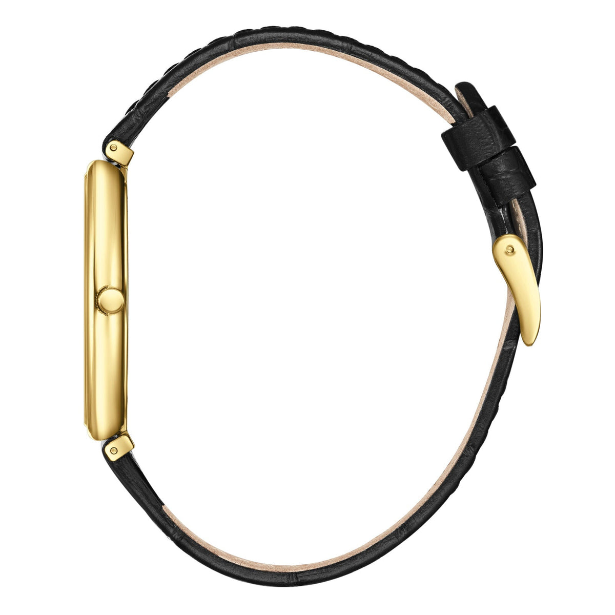 Beverly Hills Polo Club Slim Tech 5 watch side view displaying gold tonneau case and black leather strap