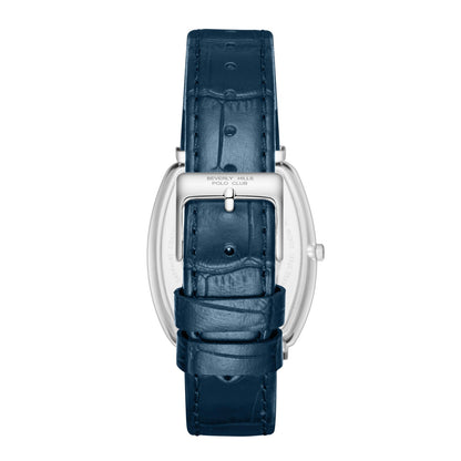 Back view of Slim Tech 5 watch case with blue leather strap and silver buckle