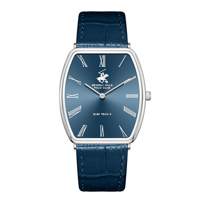 Beverly Hills Polo Club Slim Tech 5 blue dial watch with silver tonneau case and blue leather strap