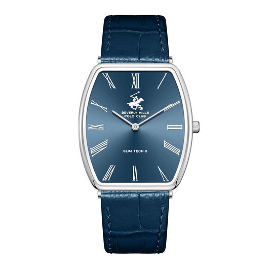 Beverly Hills Polo Club Slim Tech 5 blue dial watch with silver tonneau case and blue leather strap