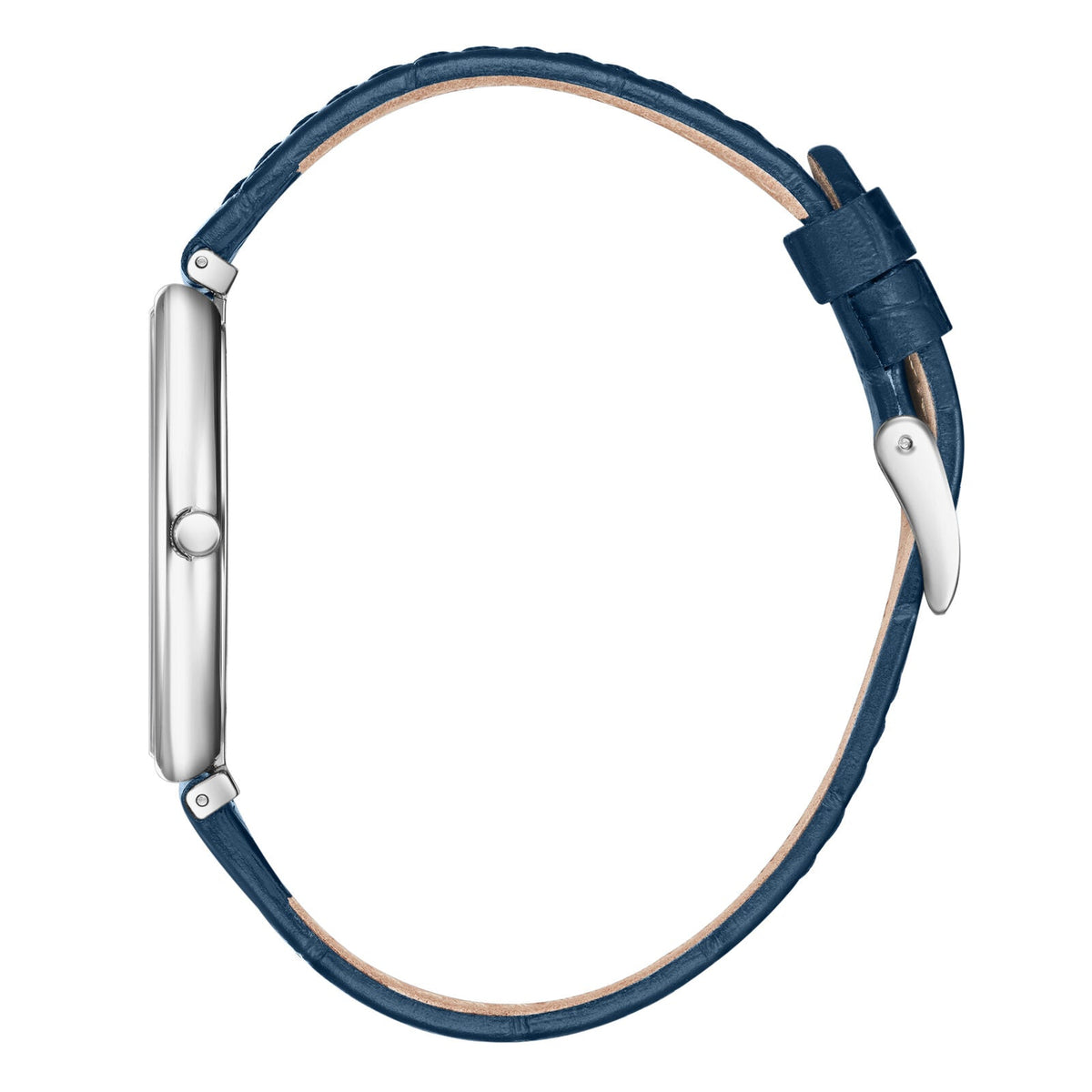 Side view of Slim Tech 5 showing silver tonneau case with blue crocodile-textured leather strap