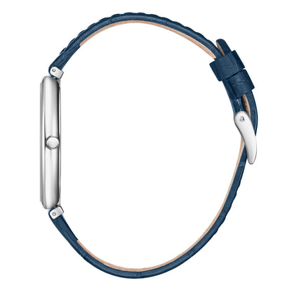 Side view of Slim Tech 5 showing silver tonneau case with blue crocodile-textured leather strap